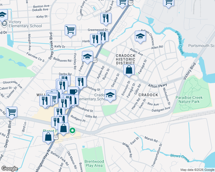 map of restaurants, bars, coffee shops, grocery stores, and more near 84 Decatur Street in Portsmouth