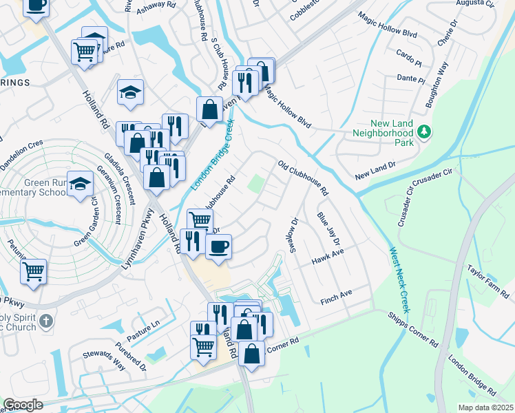 map of restaurants, bars, coffee shops, grocery stores, and more near 1184 Warwick Drive in Virginia Beach