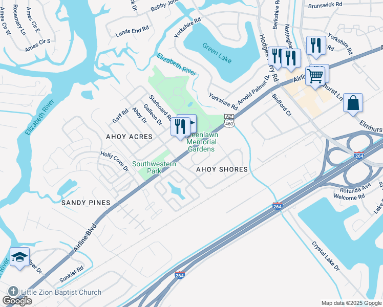 map of restaurants, bars, coffee shops, grocery stores, and more near 3971 Rex Circle in Chesapeake