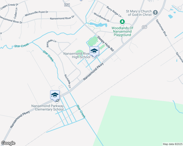 map of restaurants, bars, coffee shops, grocery stores, and more near Nansemond Parkway in Suffolk