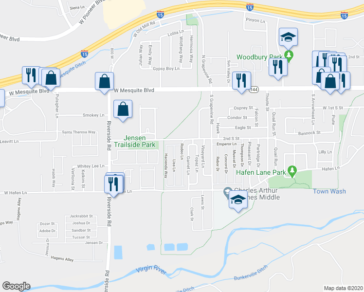 map of restaurants, bars, coffee shops, grocery stores, and more near 244 Rodeo Lane in Mesquite
