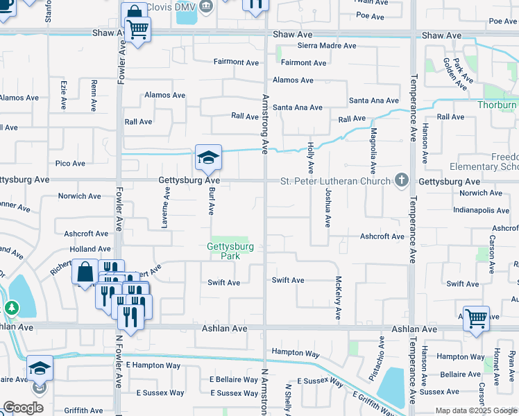 map of restaurants, bars, coffee shops, grocery stores, and more near 2205 Indianapolis Avenue in Clovis
