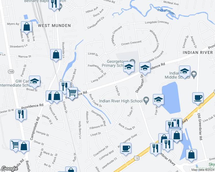 map of restaurants, bars, coffee shops, grocery stores, and more near 329 Providence Road in Chesapeake