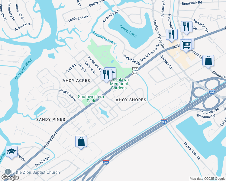 map of restaurants, bars, coffee shops, grocery stores, and more near 3971 Rex Circle in Chesapeake