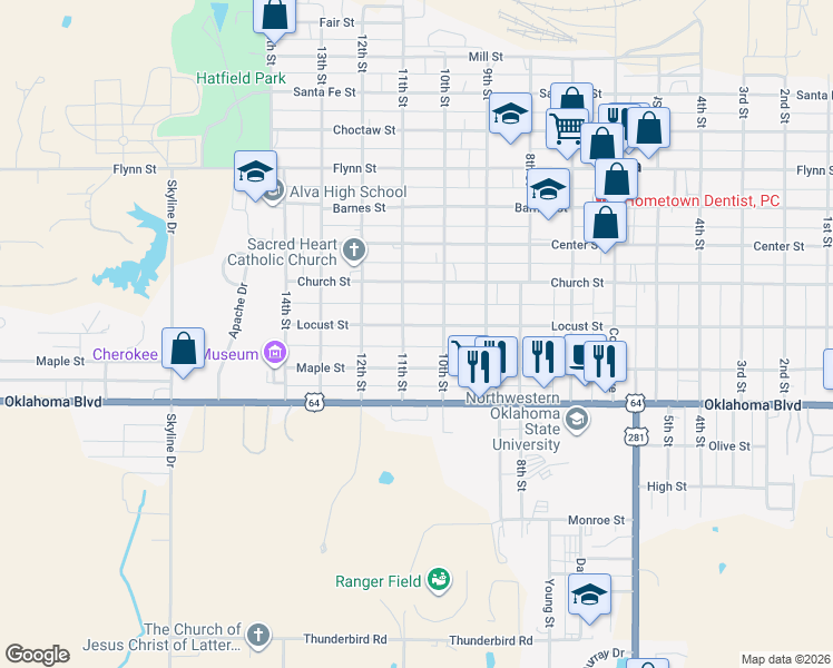 map of restaurants, bars, coffee shops, grocery stores, and more near 1027 Locust Street in Alva