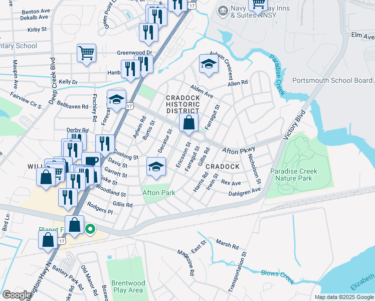 map of restaurants, bars, coffee shops, grocery stores, and more near 51 Channing Avenue in Portsmouth