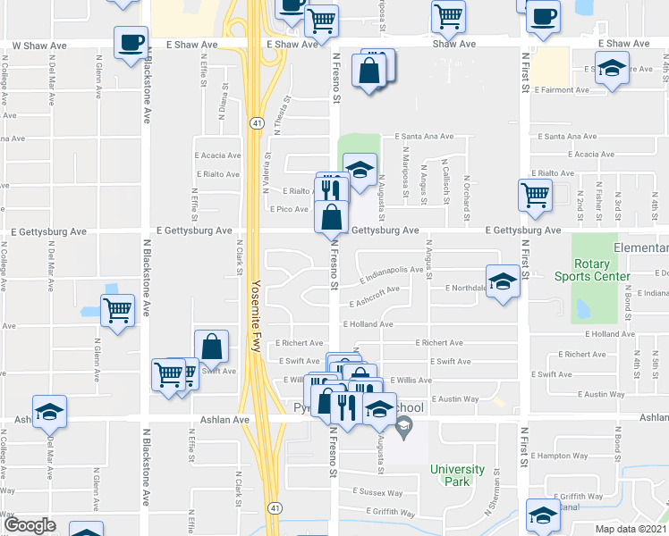 map of restaurants, bars, coffee shops, grocery stores, and more near N Fresno St & E Indianapolis Ave in Fresno