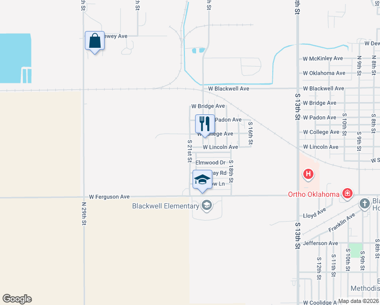 map of restaurants, bars, coffee shops, grocery stores, and more near 2104 Elmwood Drive in Blackwell
