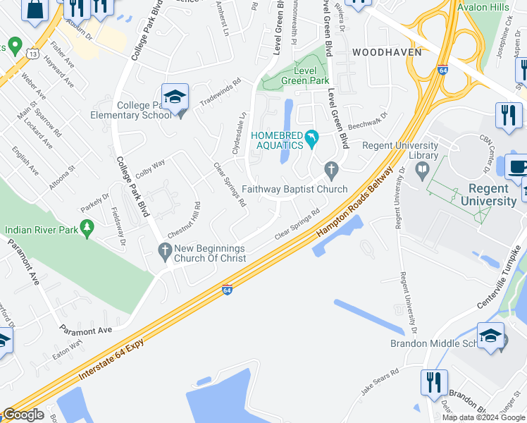 map of restaurants, bars, coffee shops, grocery stores, and more near 1229 Tar Heel Court in Virginia Beach