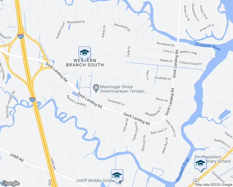 map of restaurants, bars, coffee shops, grocery stores, and more near 1612 Emberhill Court in Chesapeake