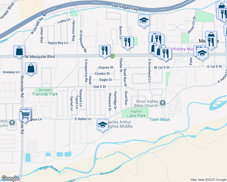 map of restaurants, bars, coffee shops, grocery stores, and more near 242 Pheasant Drive in Mesquite