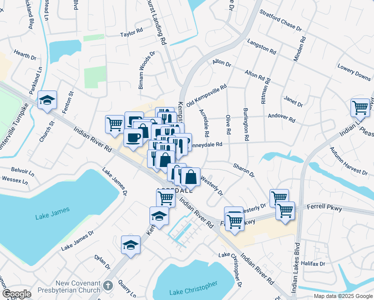 map of restaurants, bars, coffee shops, grocery stores, and more near 1300 Kempsville Road in Virginia Beach