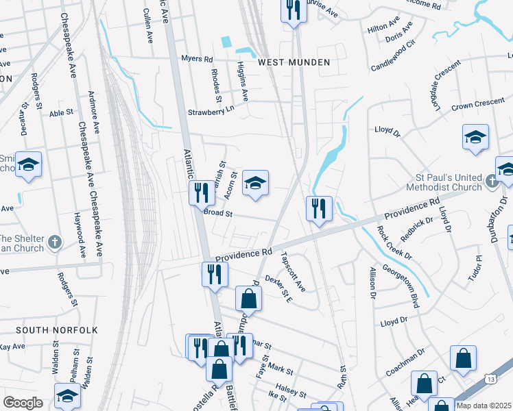 map of restaurants, bars, coffee shops, grocery stores, and more near 2601 Broad Street in Chesapeake