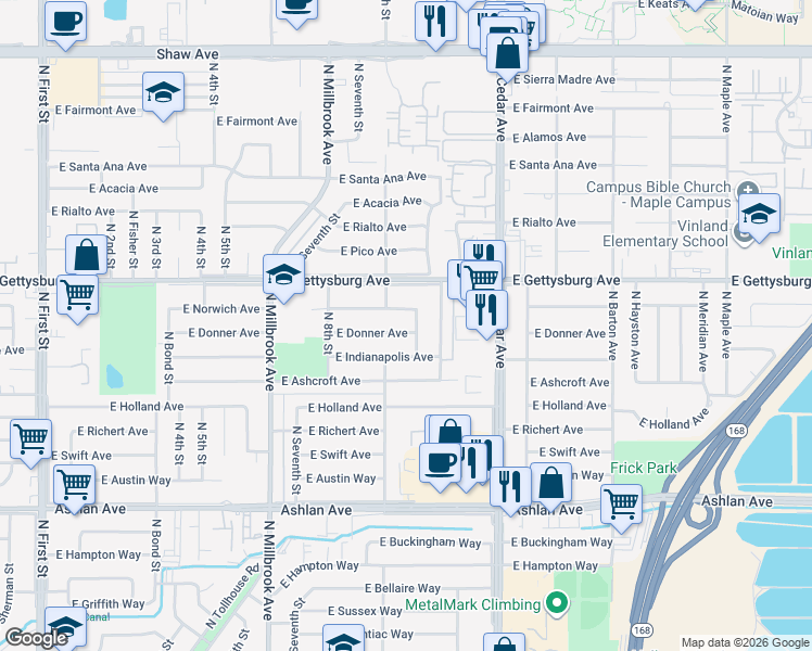 map of restaurants, bars, coffee shops, grocery stores, and more near 3910 East Donner Avenue in Fresno