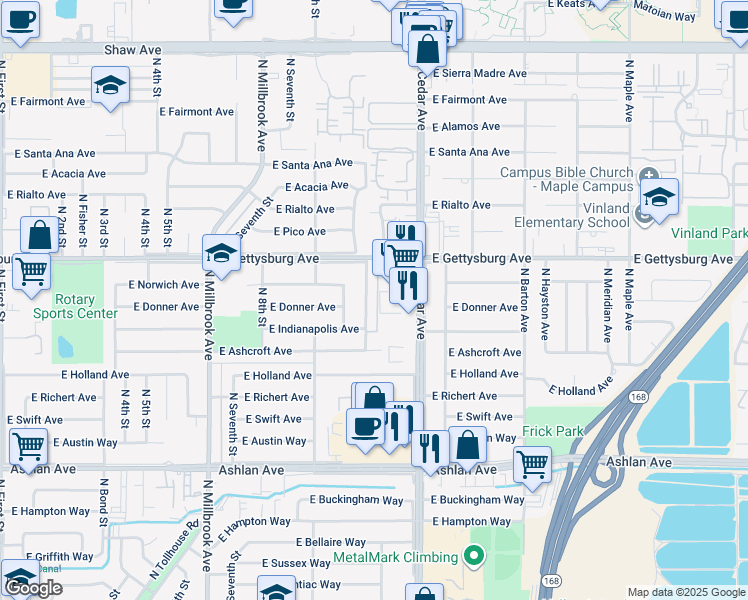 map of restaurants, bars, coffee shops, grocery stores, and more near 4555 North Cedar Avenue in Fresno