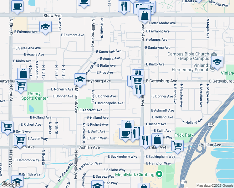 map of restaurants, bars, coffee shops, grocery stores, and more near 4495 North Sharon Avenue in Fresno