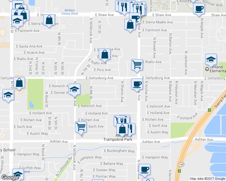 map of restaurants, bars, coffee shops, grocery stores, and more near 3910 East Donner Avenue in Fresno