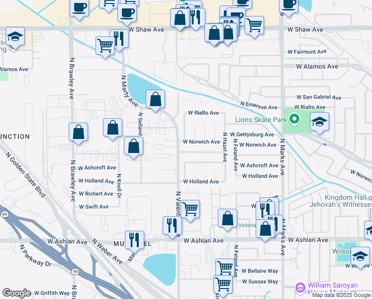 map of restaurants, bars, coffee shops, grocery stores, and more near 3379 West Indianapolis Avenue in Fresno