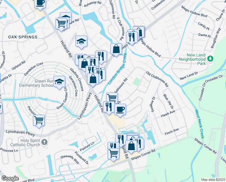 map of restaurants, bars, coffee shops, grocery stores, and more near 3233 Yorkborough Way in Virginia Beach
