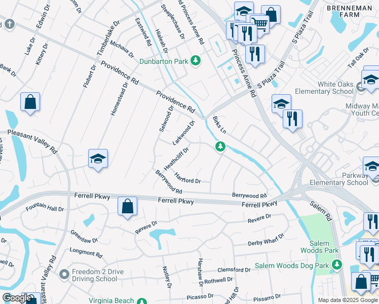 map of restaurants, bars, coffee shops, grocery stores, and more near 1208 Heathcliff Drive in Virginia Beach