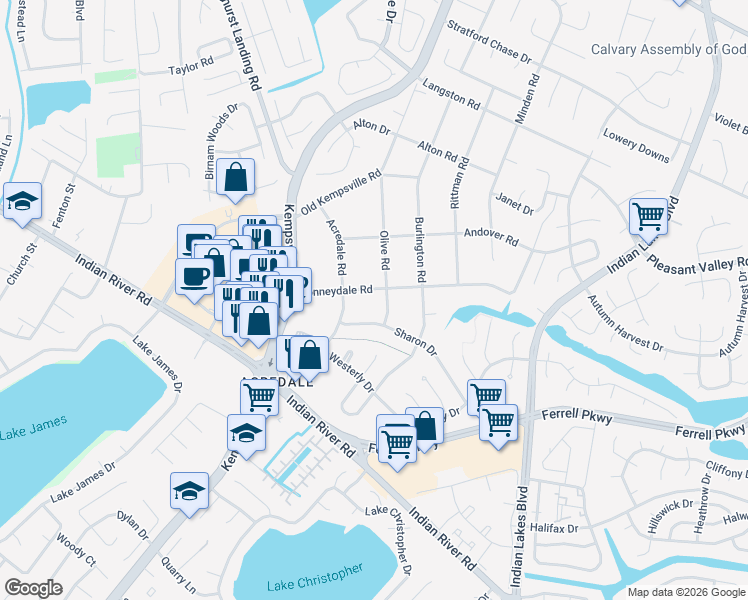 map of restaurants, bars, coffee shops, grocery stores, and more near 5216 Sharon Drive in Virginia Beach