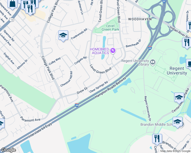 map of restaurants, bars, coffee shops, grocery stores, and more near 1229 Tar Heel Court in Virginia Beach