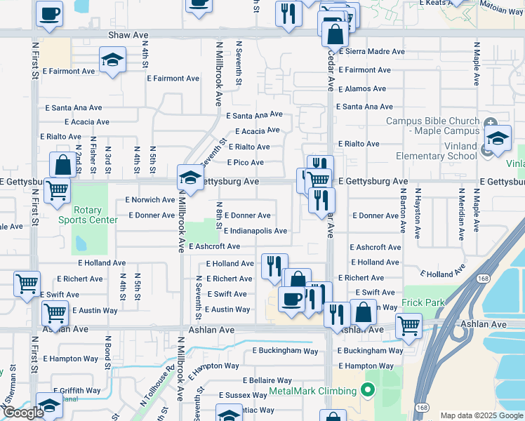 map of restaurants, bars, coffee shops, grocery stores, and more near 3910 East Donner Avenue in Fresno