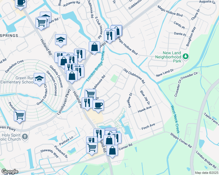 map of restaurants, bars, coffee shops, grocery stores, and more near 1201 Warwick Drive in Virginia Beach