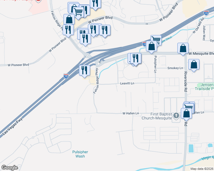 map of restaurants, bars, coffee shops, grocery stores, and more near 1050 Leavitt Lane in Mesquite