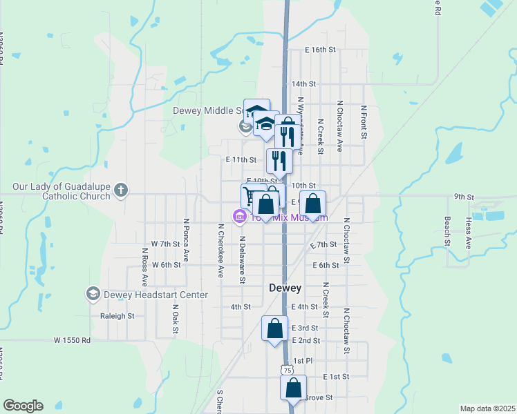 map of restaurants, bars, coffee shops, grocery stores, and more near 821 North Shawnee Avenue in Dewey