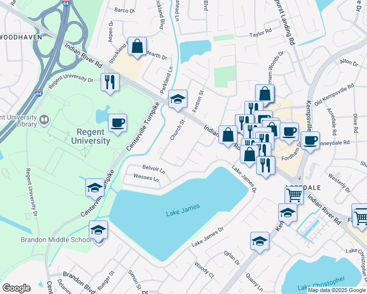 map of restaurants, bars, coffee shops, grocery stores, and more near 1371 Ferry Point Road in Virginia Beach