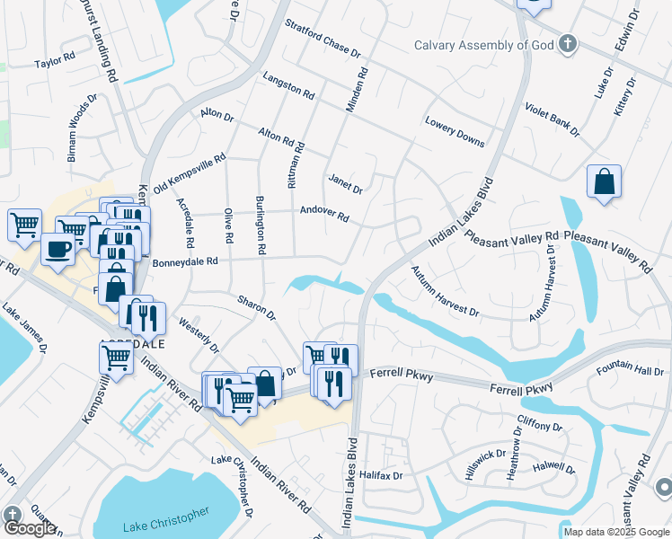 map of restaurants, bars, coffee shops, grocery stores, and more near 1313 Indian Lakes Boulevard in Virginia Beach
