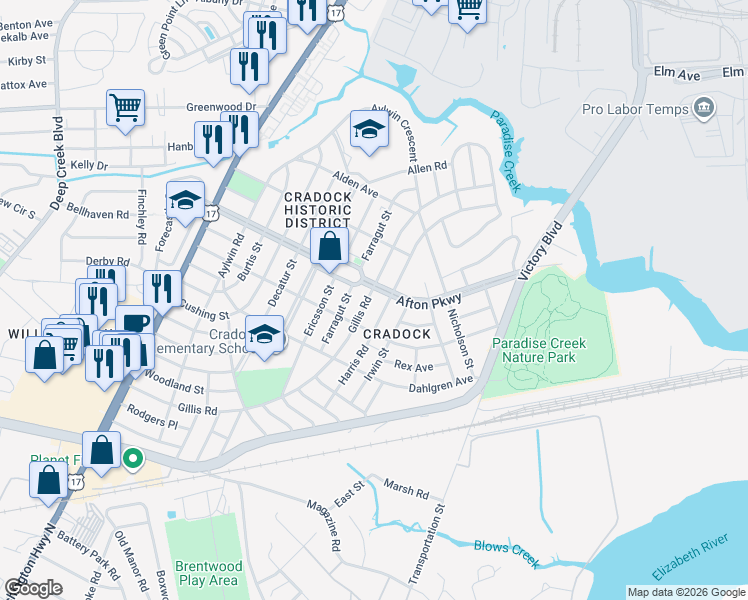 map of restaurants, bars, coffee shops, grocery stores, and more near 75 Harris Road in Portsmouth