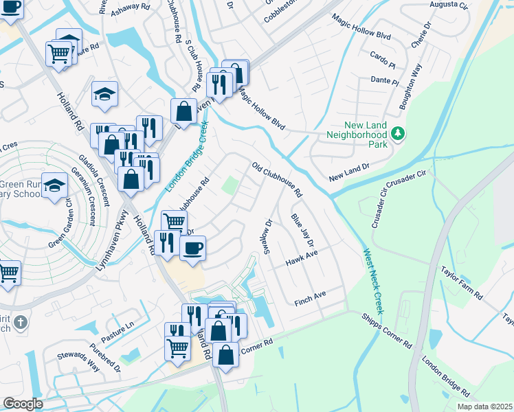 map of restaurants, bars, coffee shops, grocery stores, and more near 889 Old Clubhouse Road in Virginia Beach