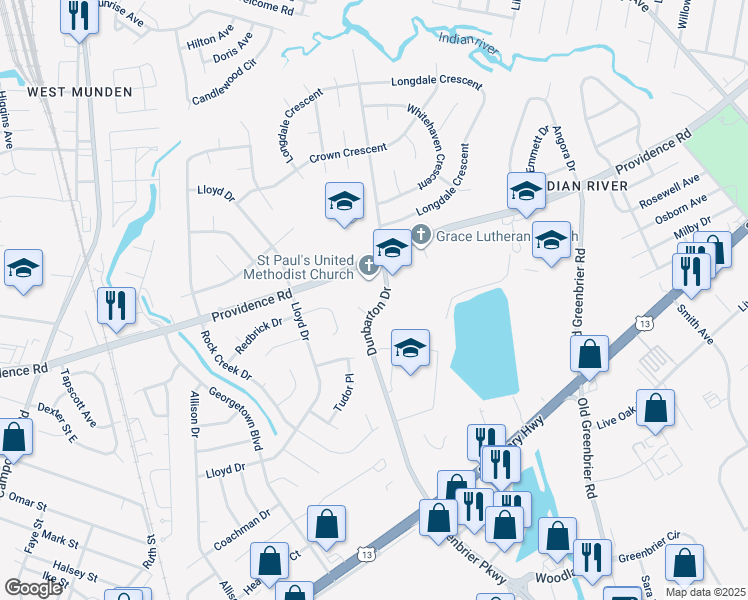 map of restaurants, bars, coffee shops, grocery stores, and more near 2336 Dunbarton Drive in Chesapeake