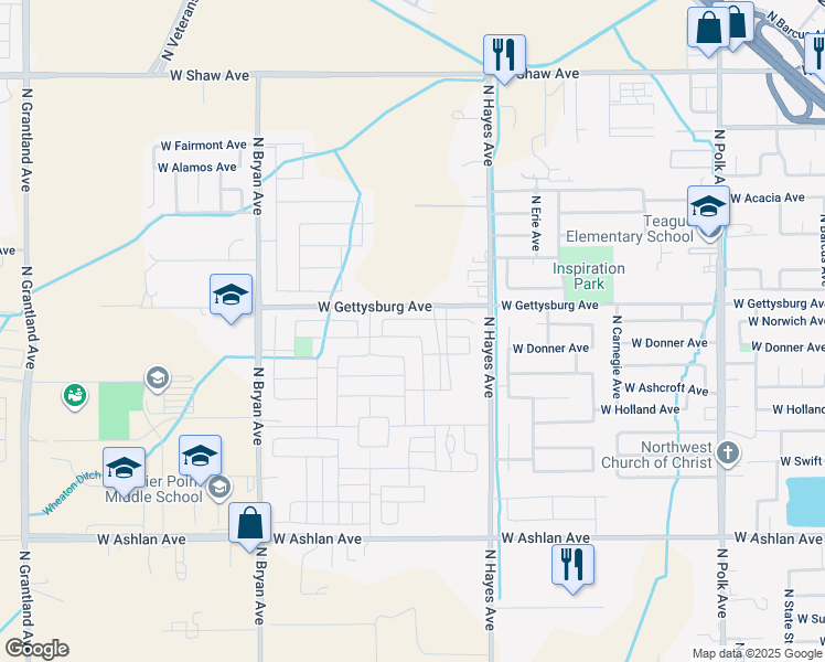 map of restaurants, bars, coffee shops, grocery stores, and more near 4417 North Hayes Avenue in Fresno