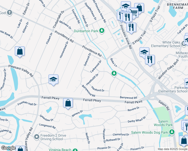 map of restaurants, bars, coffee shops, grocery stores, and more near 1213 Heathcliff Drive in Virginia Beach
