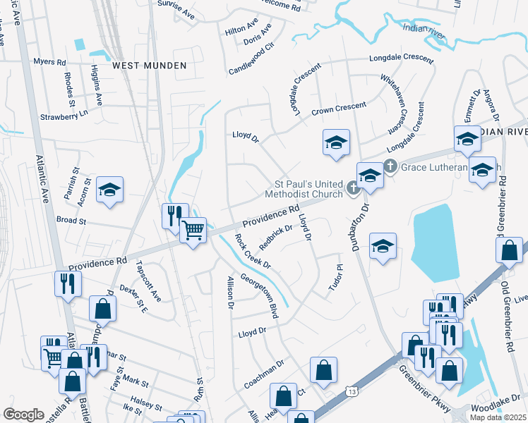 map of restaurants, bars, coffee shops, grocery stores, and more near 324 Providence Road in Chesapeake