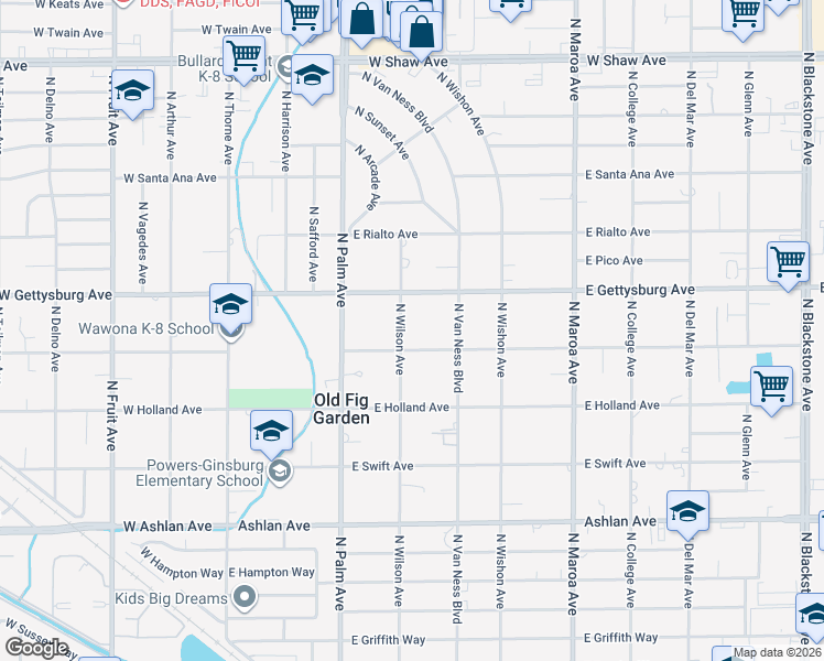 map of restaurants, bars, coffee shops, grocery stores, and more near 4513 North Wilson Avenue in Fresno