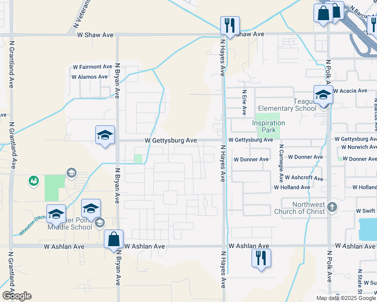 map of restaurants, bars, coffee shops, grocery stores, and more near 4417 North Hayes Avenue in Fresno