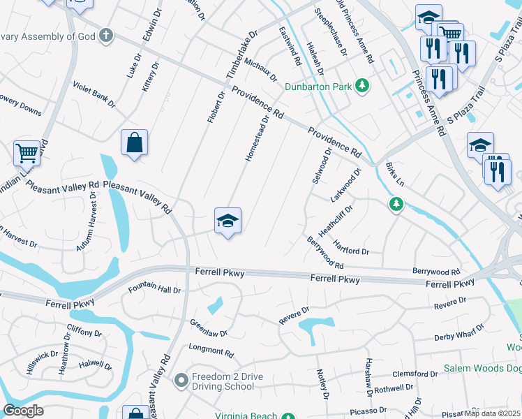 map of restaurants, bars, coffee shops, grocery stores, and more near 1220 Glenside Drive in Virginia Beach