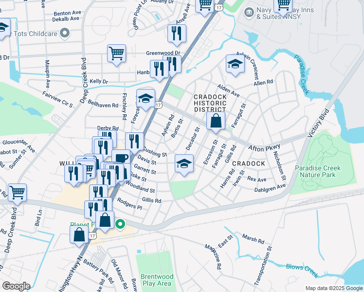 map of restaurants, bars, coffee shops, grocery stores, and more near 84 Decatur Street in Portsmouth