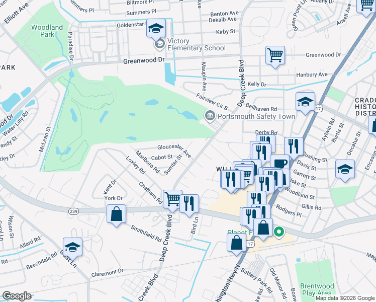 map of restaurants, bars, coffee shops, grocery stores, and more near 202 Chesterfield Street in Portsmouth