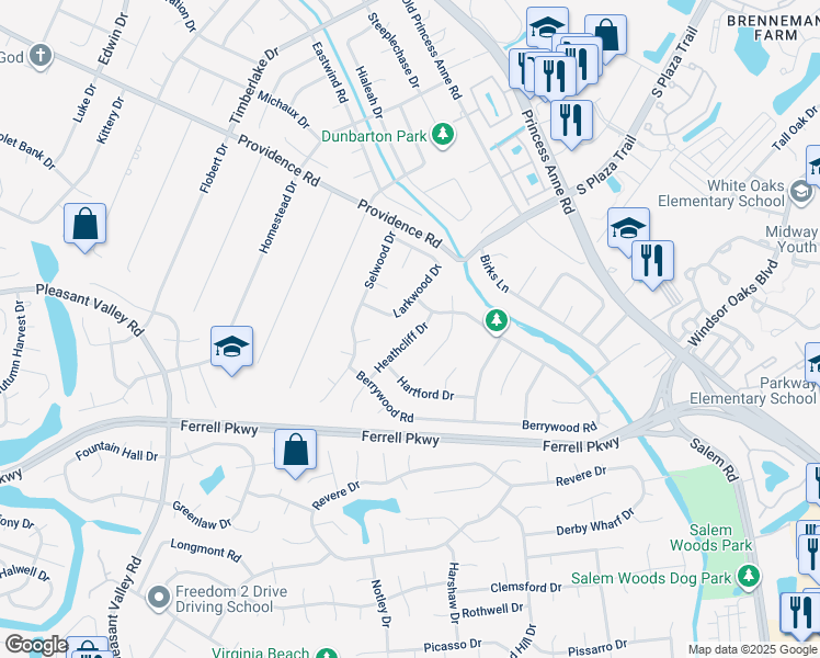 map of restaurants, bars, coffee shops, grocery stores, and more near 1213 Heathcliff Drive in Virginia Beach