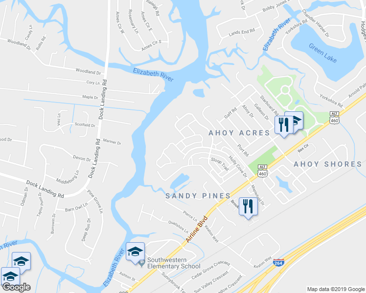 map of restaurants, bars, coffee shops, grocery stores, and more near 4200 Half Hitch Street in Chesapeake