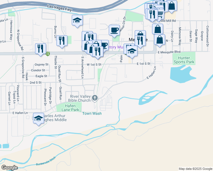 map of restaurants, bars, coffee shops, grocery stores, and more near 261 Crystal Court in Mesquite