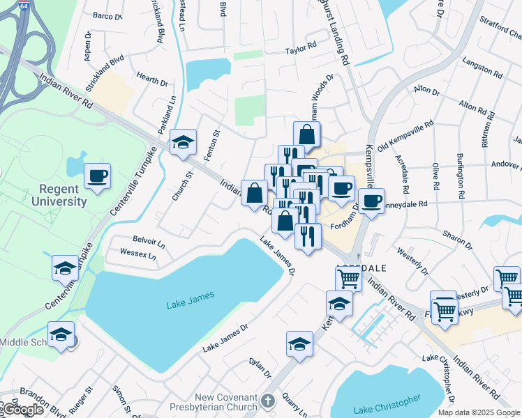 map of restaurants, bars, coffee shops, grocery stores, and more near 5457 Indian River Road in Virginia Beach