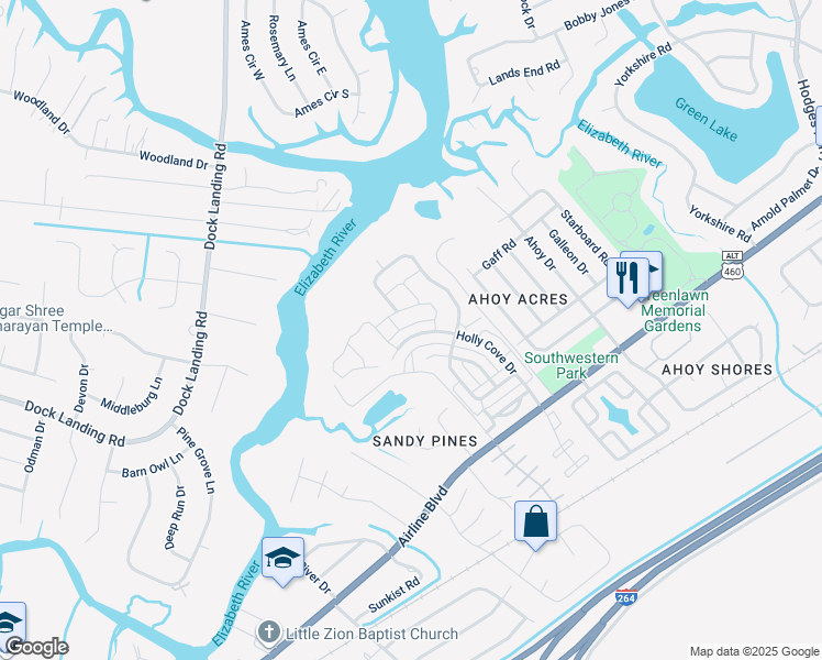 map of restaurants, bars, coffee shops, grocery stores, and more near 4117 Taught Line Loop in Chesapeake