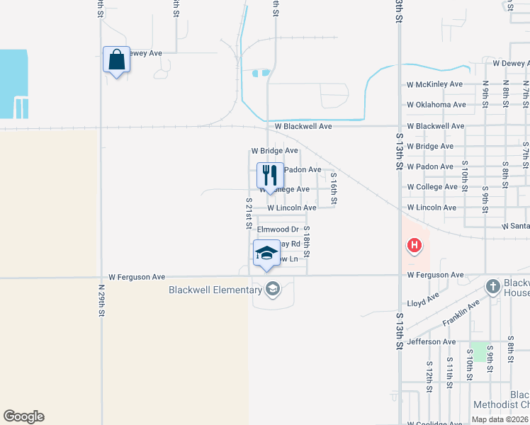 map of restaurants, bars, coffee shops, grocery stores, and more near 2104 Elmwood Drive in Blackwell