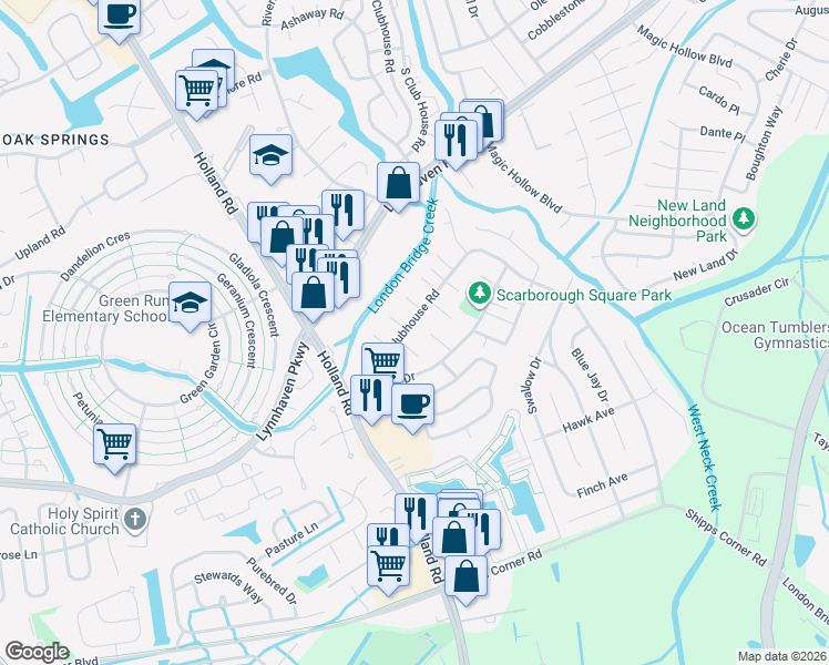 map of restaurants, bars, coffee shops, grocery stores, and more near 3210 Barlborough Way in Virginia Beach